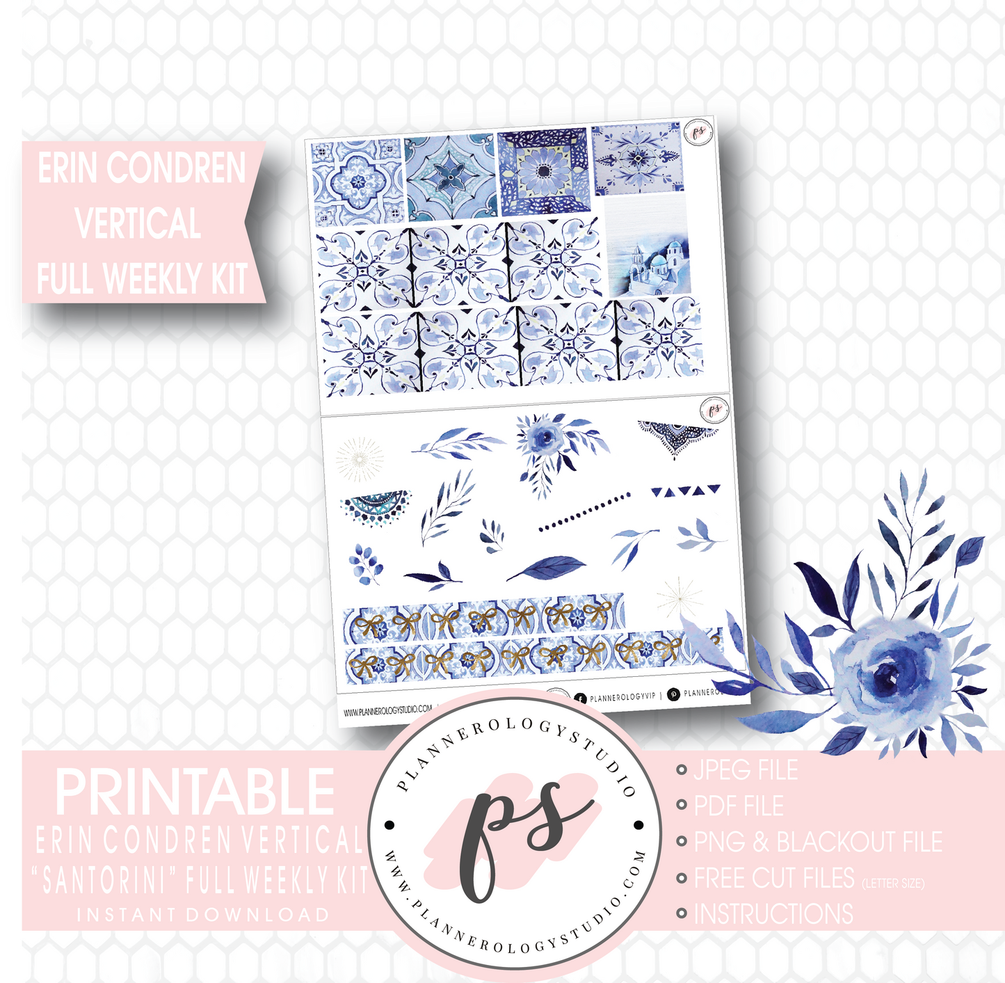Santorini Full Weekly Kit Printable Planner Stickers (for use with Erin Condren Vertical) - Plannerologystudio