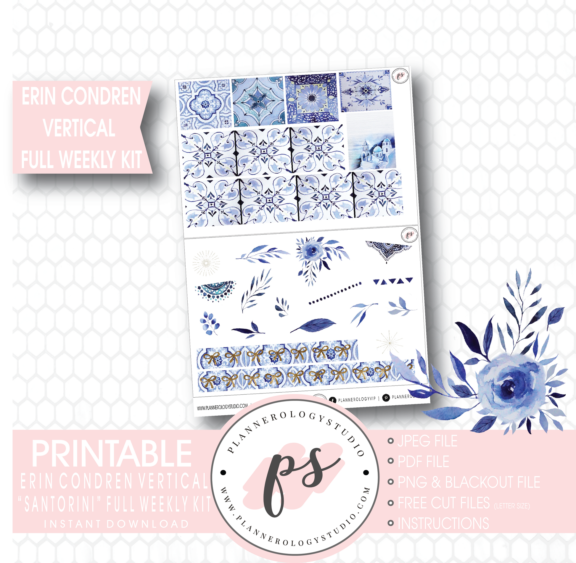 Santorini Full Weekly Kit Printable Planner Stickers (for use with Erin Condren Vertical) - Plannerologystudio