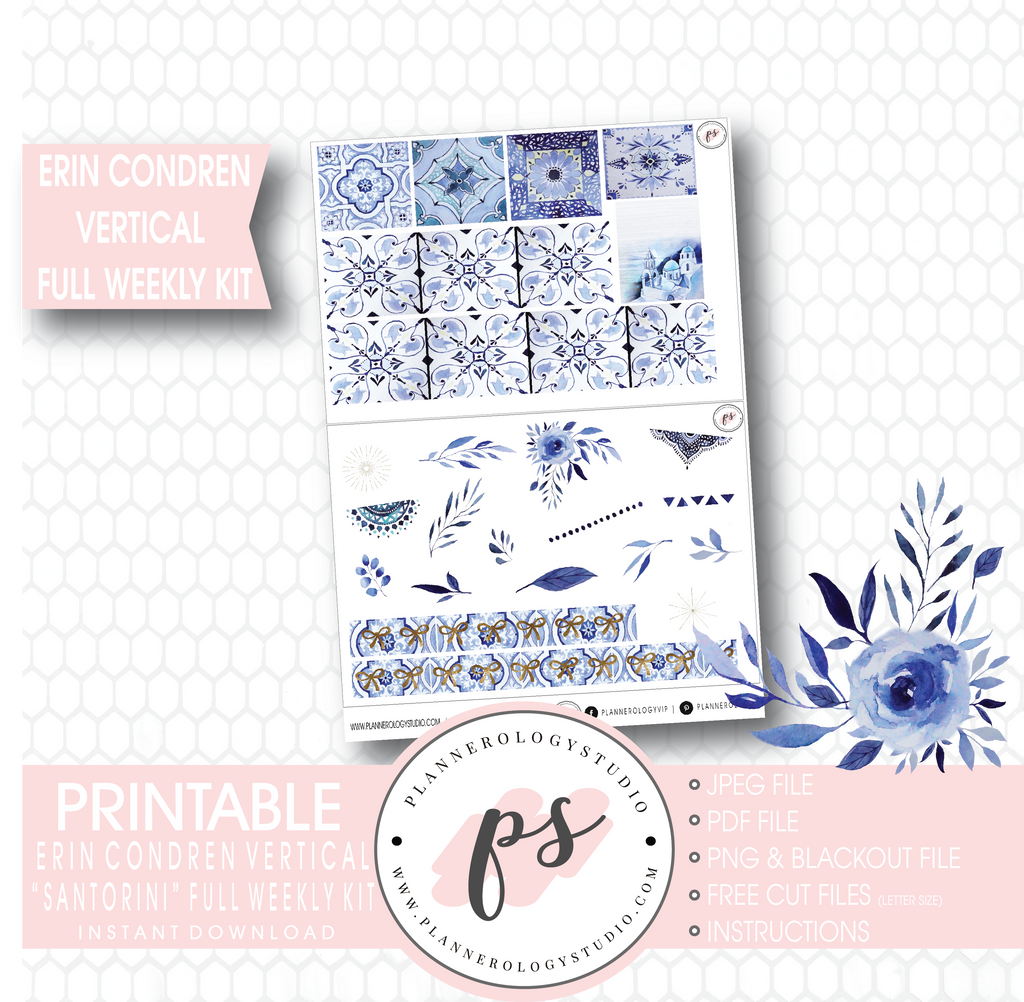 Santorini Full Weekly Kit Printable Planner Stickers (for use with Erin Condren Vertical) - Plannerologystudio