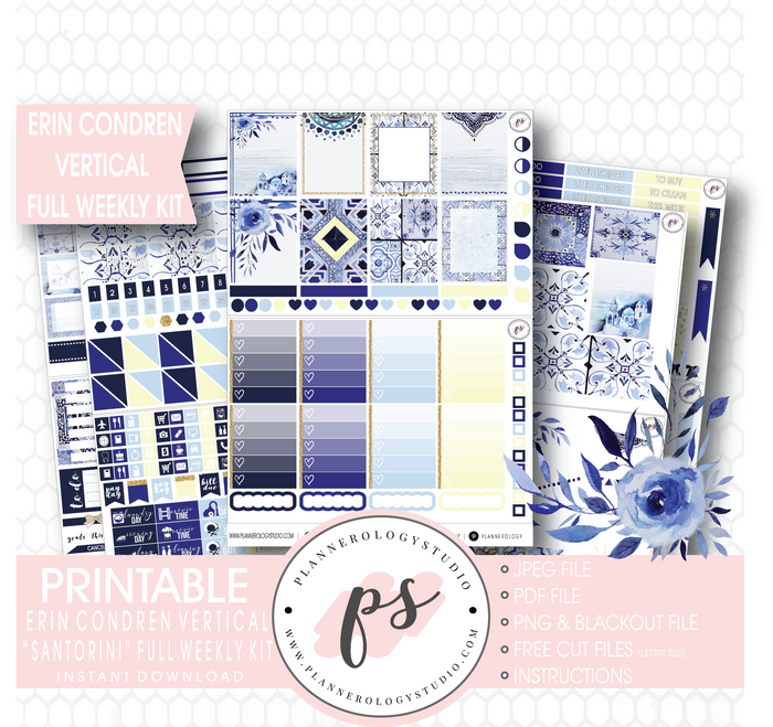 Santorini Full Weekly Kit Printable Planner Stickers (for use with Erin Condren Vertical) - Plannerologystudio