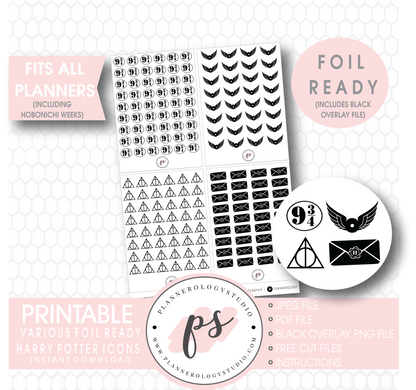 Various Harry Potter Inspired Icon Digital Printable Hobonichi Weeks Planner Stickers (Foil Ready) - Plannerologystudio