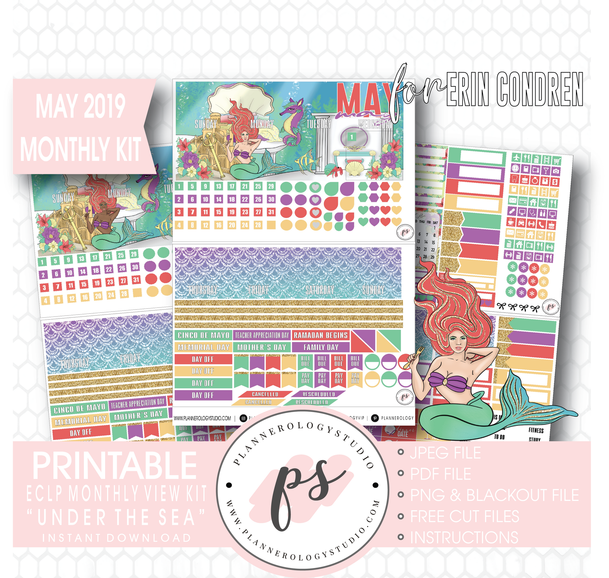 Under the Sea May 2019 Monthly View Kit Digital Printable Planner Stickers (for use with Erin Condren) - Plannerologystudio