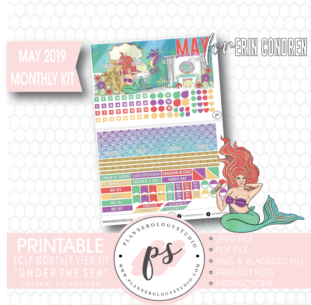 Under the Sea May 2019 Monthly View Kit Digital Printable Planner Stickers (for use with Erin Condren) - Plannerologystudio