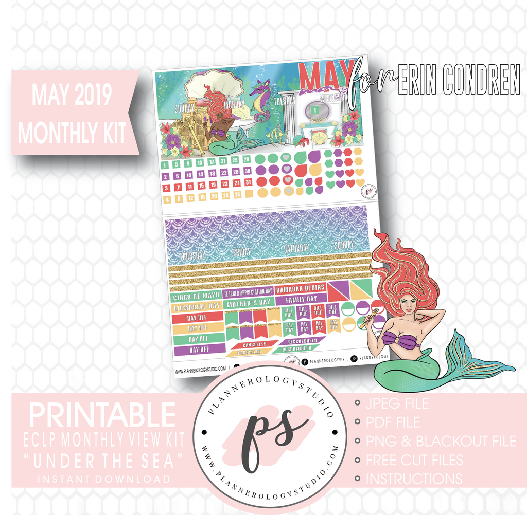 Under the Sea May 2019 Monthly View Kit Digital Printable Planner Stickers (for use with Erin Condren) - Plannerologystudio