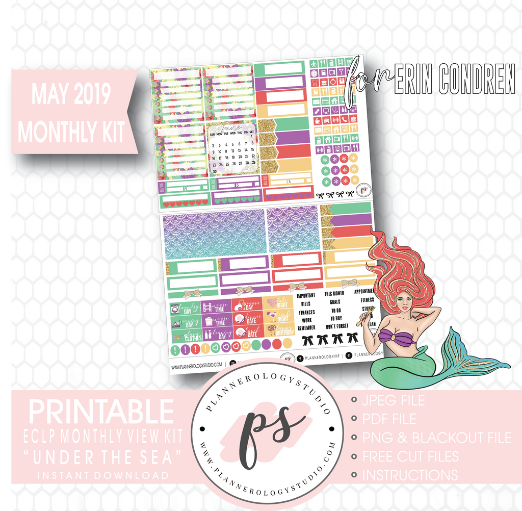 Under the Sea May 2019 Monthly View Kit Digital Printable Planner Stickers (for use with Erin Condren) - Plannerologystudio