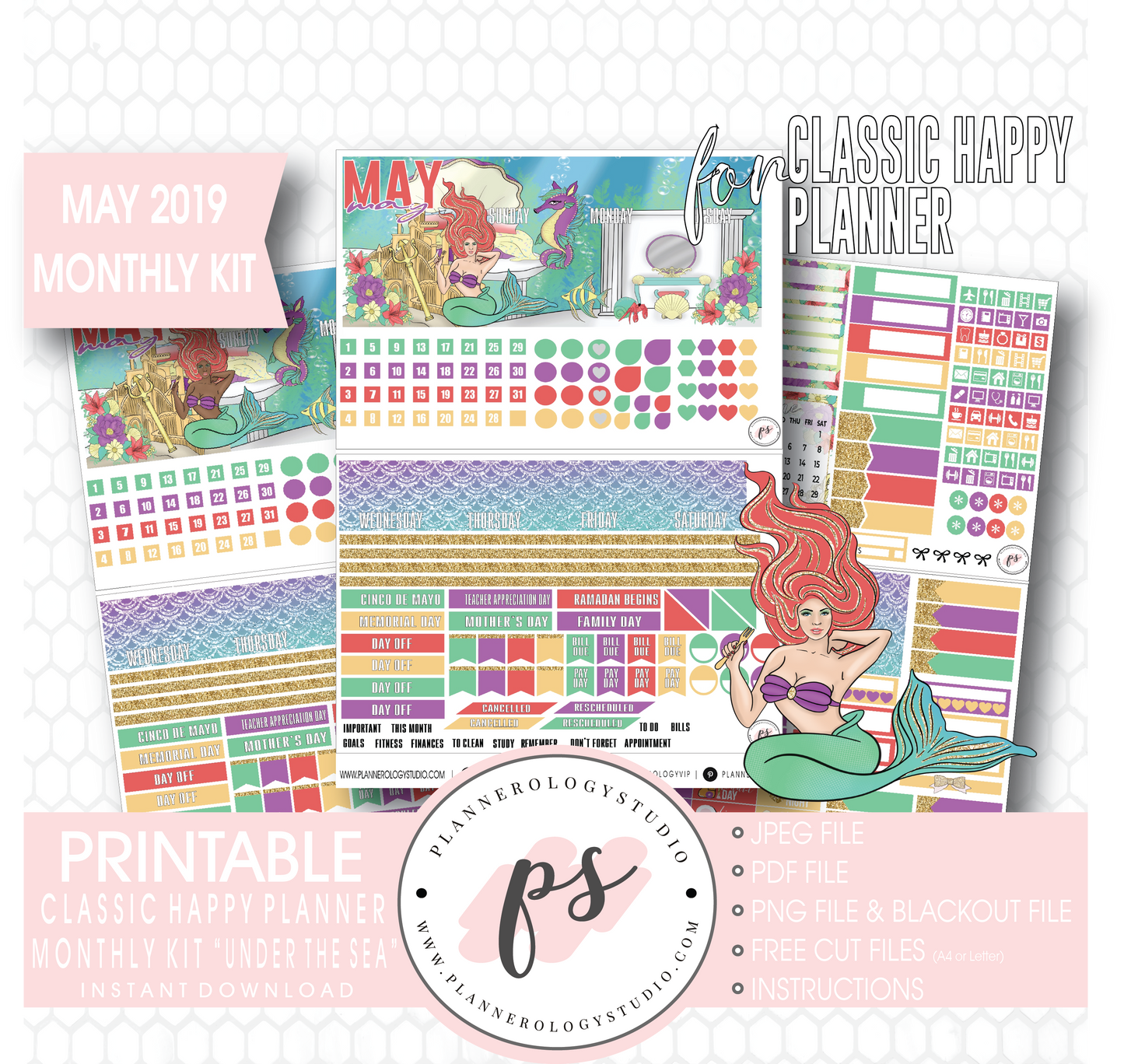 Under the Sea May 2019 Monthly View Kit Digital Printable Planner Stickers (for use with Classic Happy Planner) - Plannerologystudio