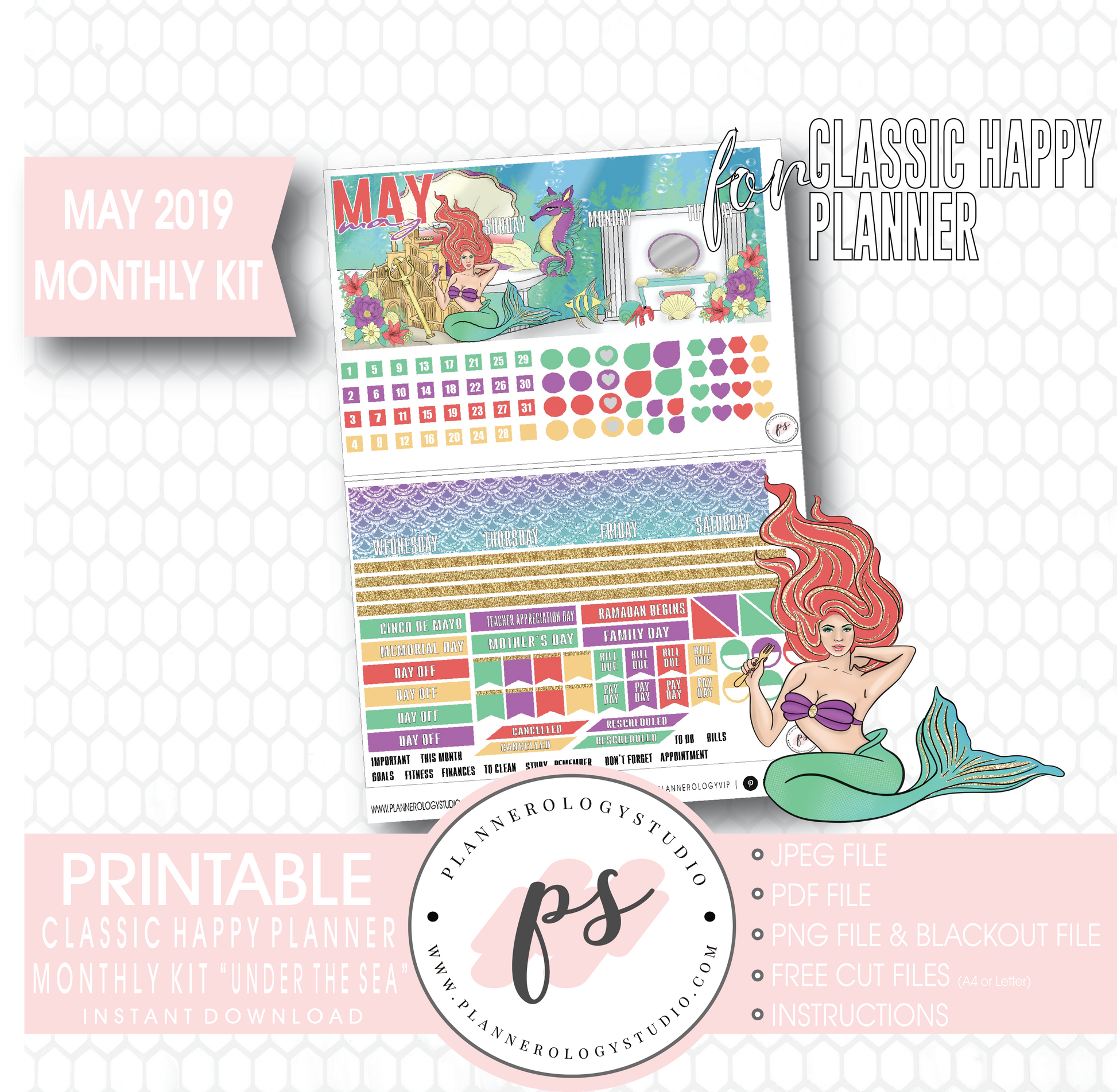 Under the Sea May 2019 Monthly View Kit Digital Printable Planner Stickers (for use with Classic Happy Planner) - Plannerologystudio