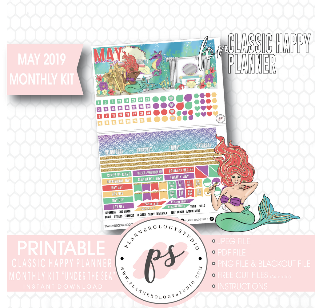 Under the Sea May 2019 Monthly View Kit Digital Printable Planner Stickers (for use with Classic Happy Planner) - Plannerologystudio