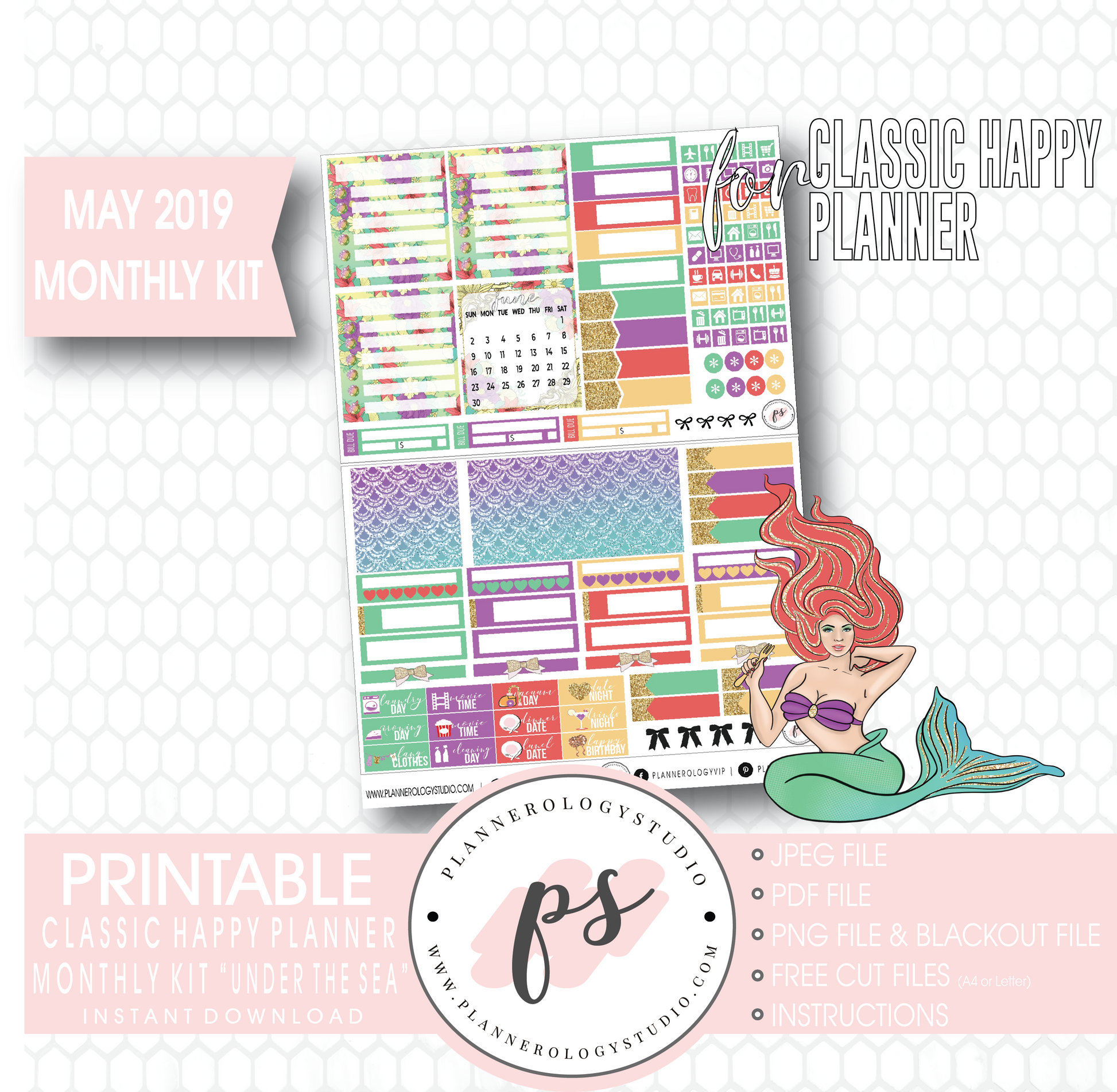 Under the Sea May 2019 Monthly View Kit Digital Printable Planner Stickers (for use with Classic Happy Planner) - Plannerologystudio