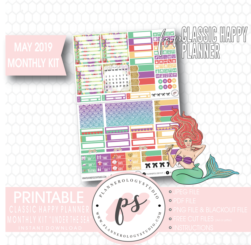 Under the Sea May 2019 Monthly View Kit Digital Printable Planner Stickers (for use with Classic Happy Planner) - Plannerologystudio