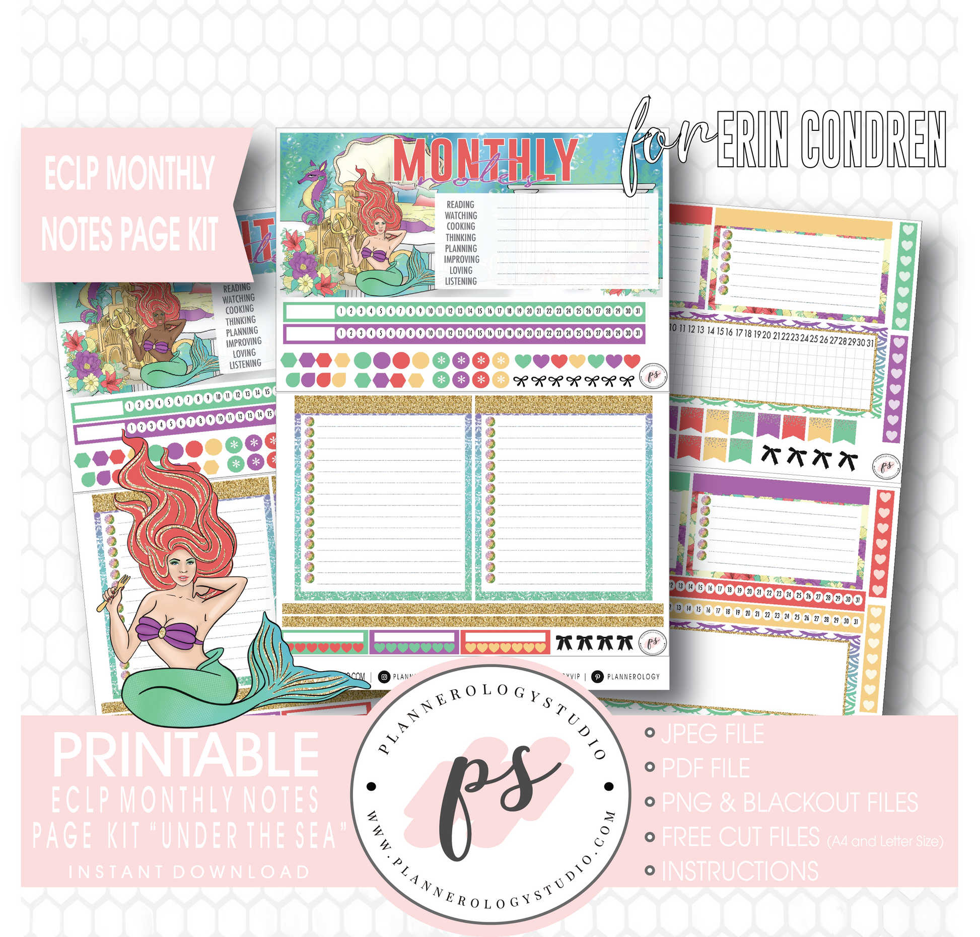 Under the Sea Monthly Notes Page Kit Digital Printable Planner Stickers (for use with Erin Condren) - Plannerologystudio