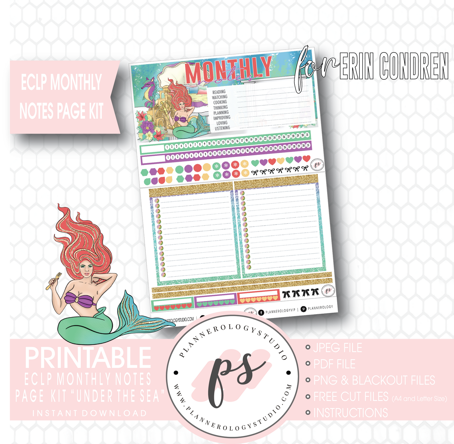 Under the Sea Monthly Notes Page Kit Digital Printable Planner Stickers (for use with Erin Condren) - Plannerologystudio
