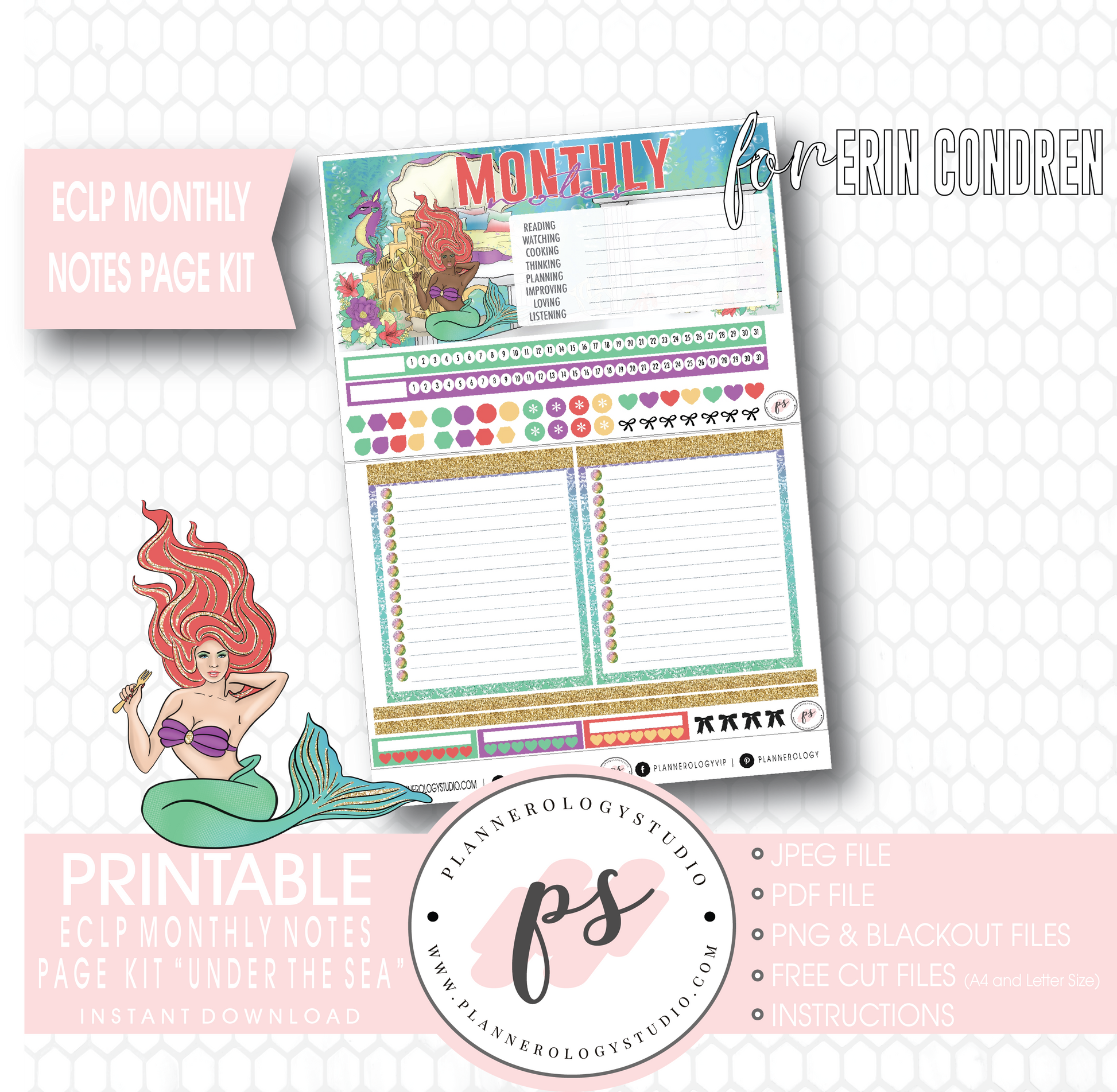 Under the Sea Monthly Notes Page Kit Digital Printable Planner Stickers (for use with Erin Condren) - Plannerologystudio