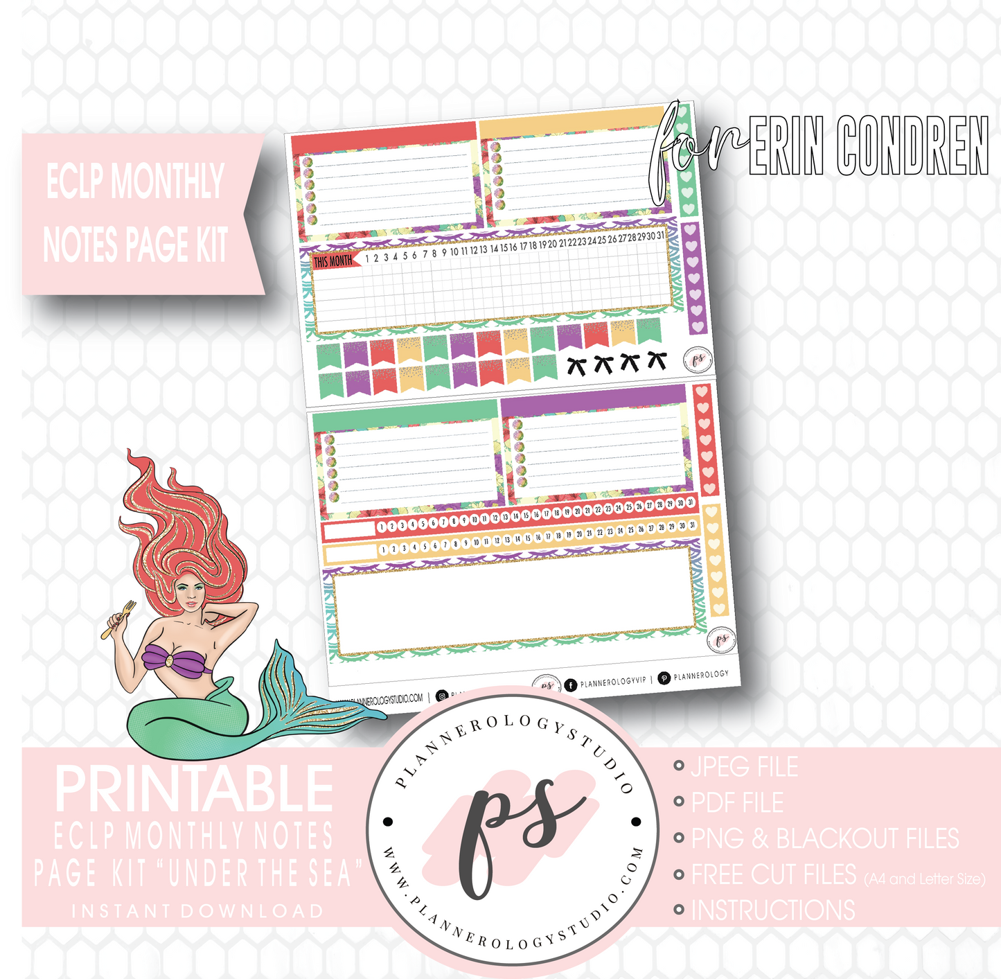 Under the Sea Monthly Notes Page Kit Digital Printable Planner Stickers (for use with Erin Condren) - Plannerologystudio