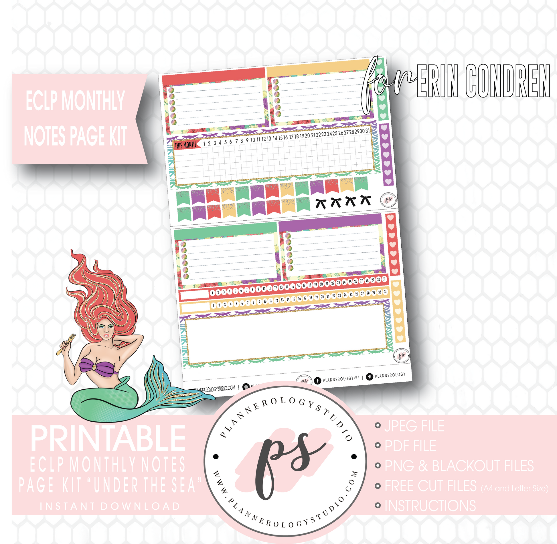 Under the Sea Monthly Notes Page Kit Digital Printable Planner Stickers (for use with Erin Condren) - Plannerologystudio