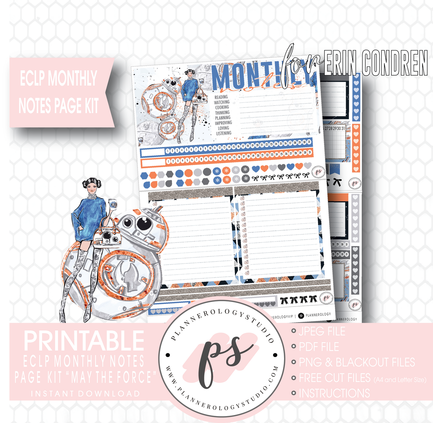 May the Force (Star Wars) Monthly Notes Page Kit Digital Printable Planner Stickers (for use with Erin Condren) - Plannerologystudio