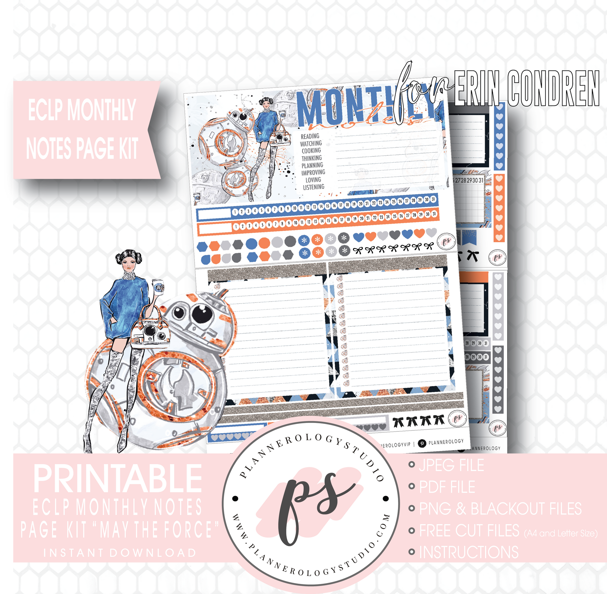 May the Force (Star Wars) Monthly Notes Page Kit Digital Printable Planner Stickers (for use with Erin Condren) - Plannerologystudio