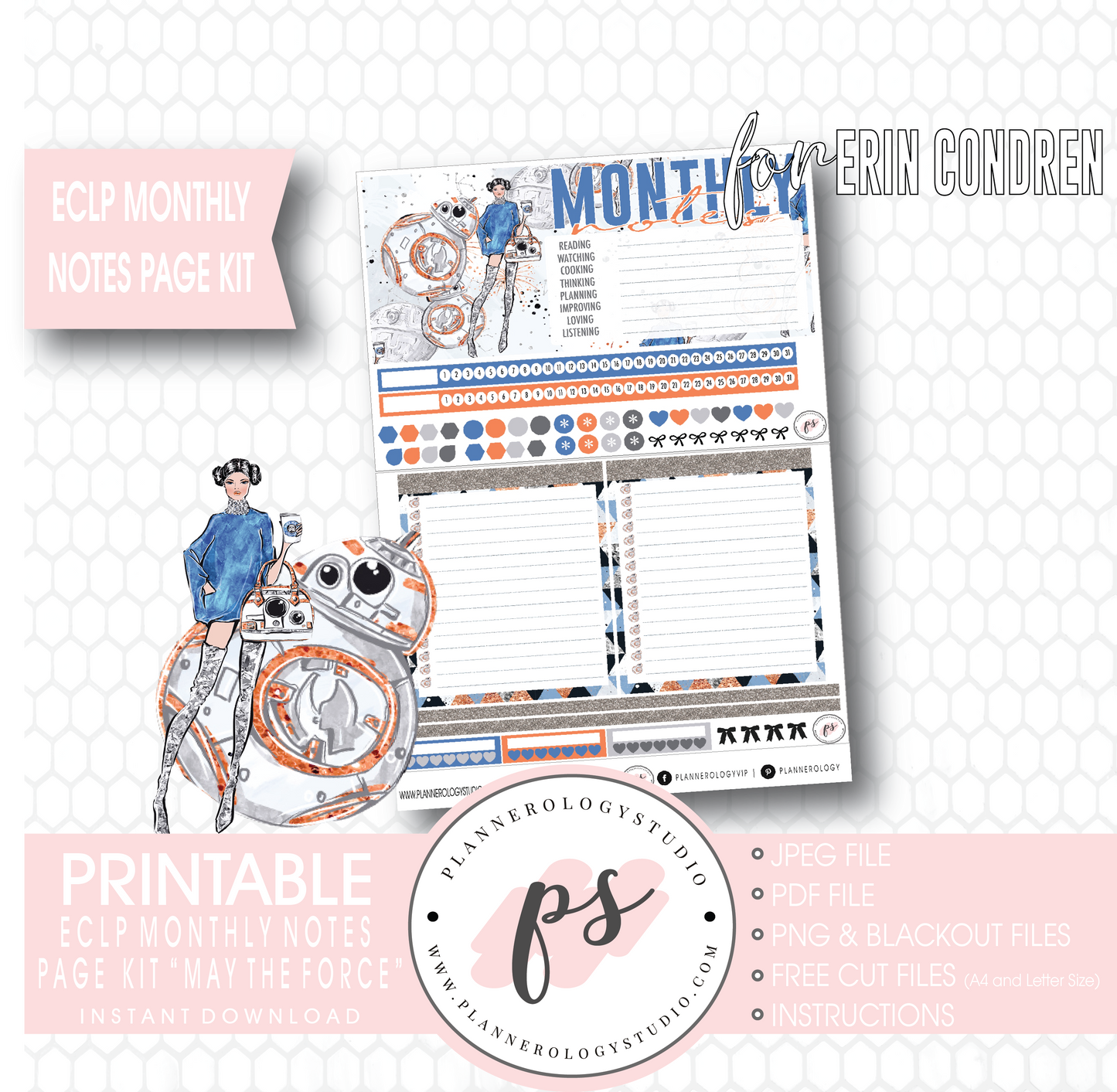 May the Force (Star Wars) Monthly Notes Page Kit Digital Printable Planner Stickers (for use with Erin Condren) - Plannerologystudio