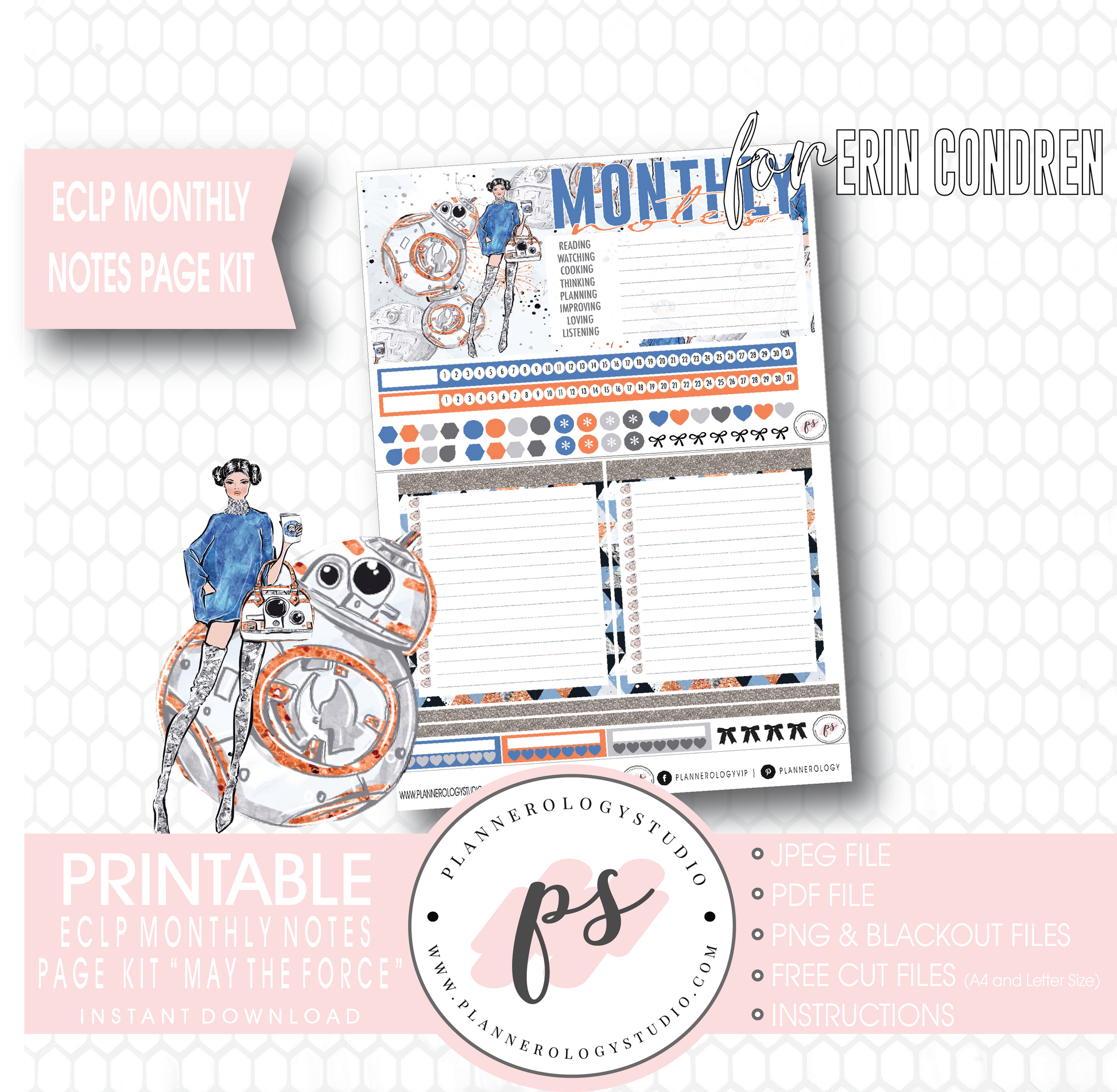 May the Force (Star Wars) Monthly Notes Page Kit Digital Printable Planner Stickers (for use with Erin Condren) - Plannerologystudio