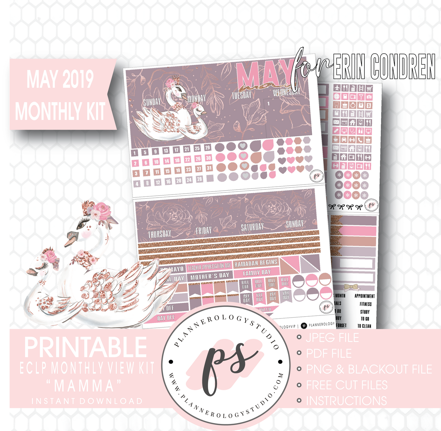 Mamma (Mother's Day) May 2019 Monthly View Kit Digital Printable Planner Stickers (for use with Erin Condren) - Plannerologystudio
