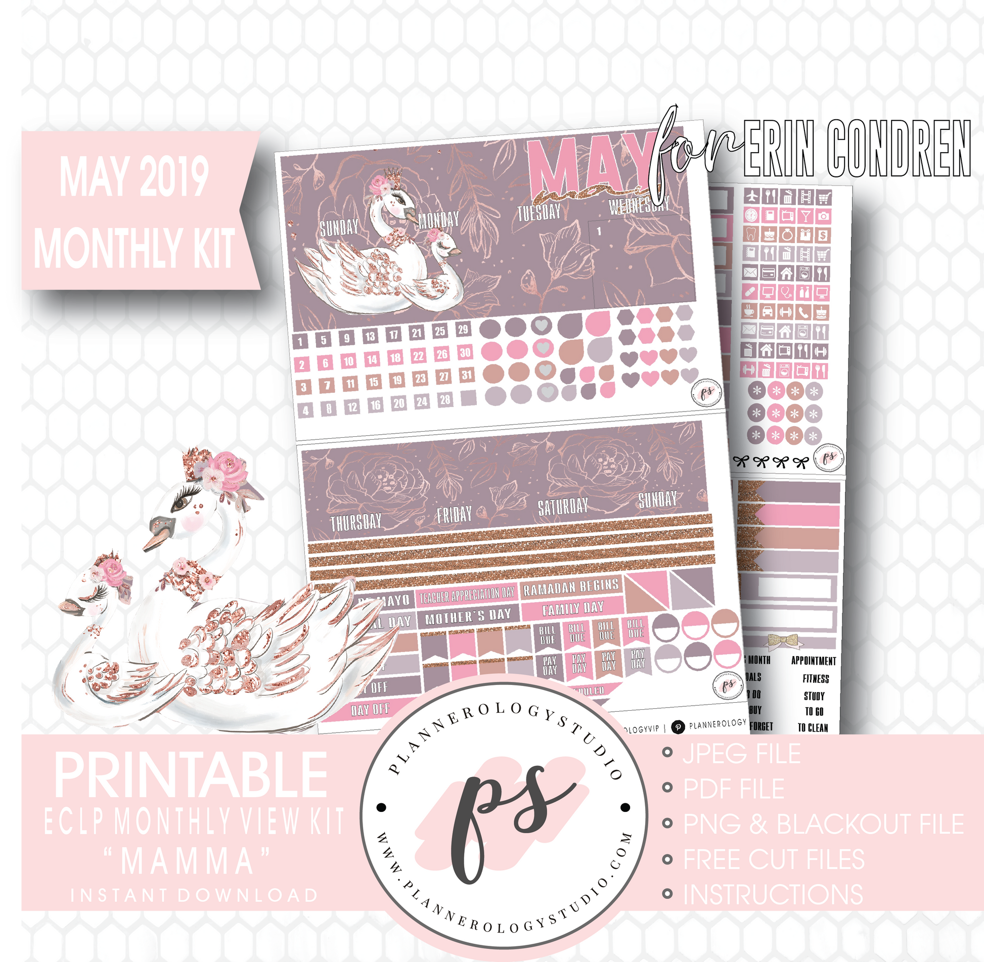 Mamma (Mother's Day) May 2019 Monthly View Kit Digital Printable Planner Stickers (for use with Erin Condren) - Plannerologystudio