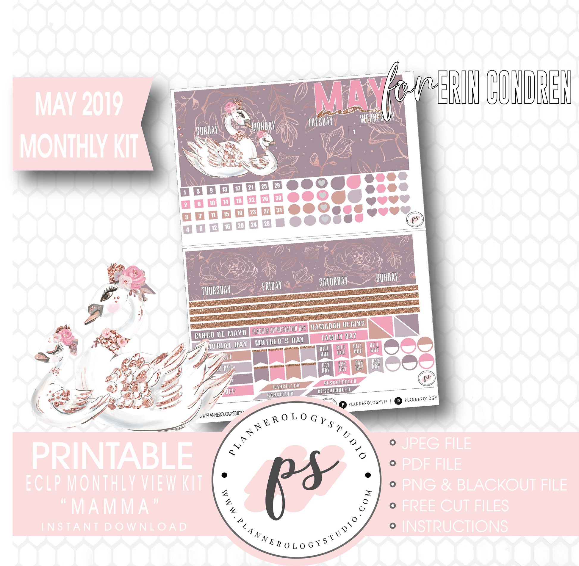 Mamma (Mother's Day) May 2019 Monthly View Kit Digital Printable Planner Stickers (for use with Erin Condren) - Plannerologystudio