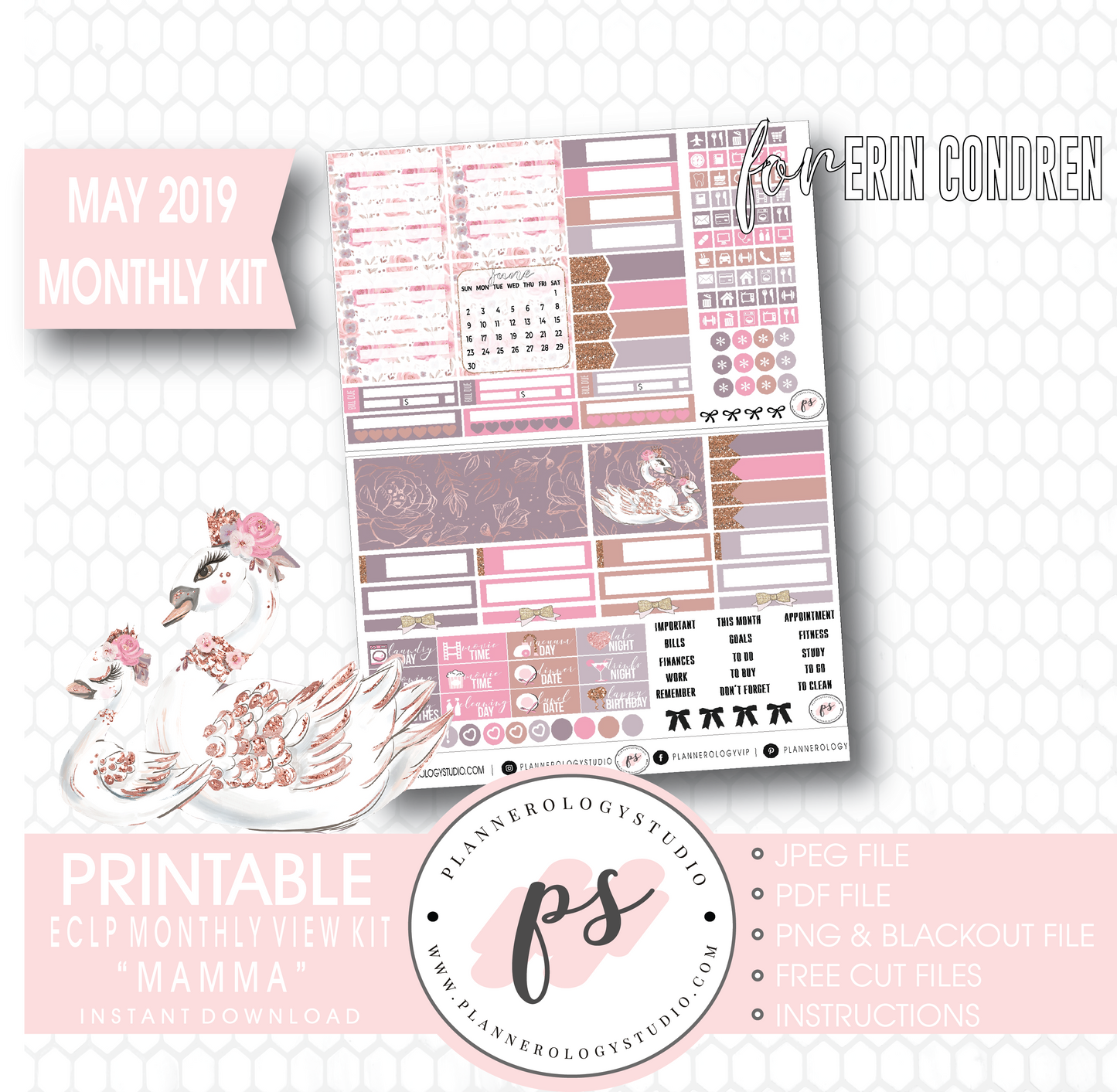 Mamma (Mother's Day) May 2019 Monthly View Kit Digital Printable Planner Stickers (for use with Erin Condren) - Plannerologystudio