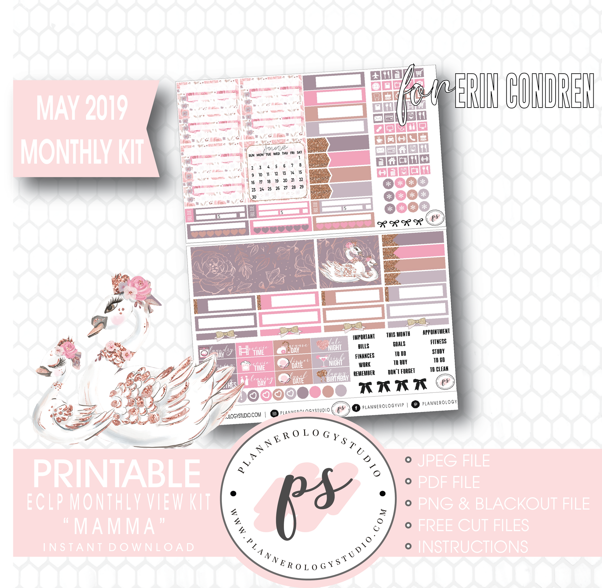 Mamma (Mother's Day) May 2019 Monthly View Kit Digital Printable Planner Stickers (for use with Erin Condren) - Plannerologystudio
