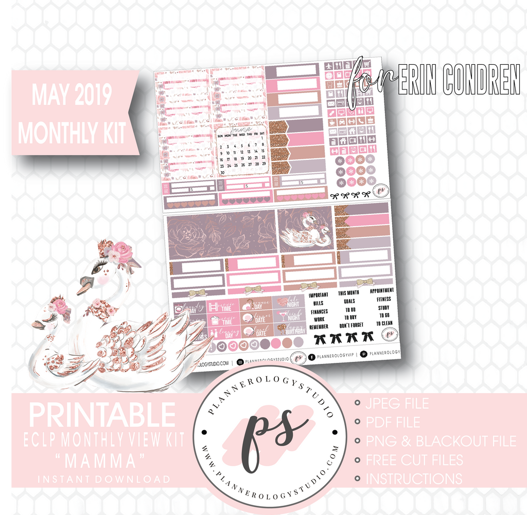 Mamma (Mother's Day) May 2019 Monthly View Kit Digital Printable Planner Stickers (for use with Erin Condren) - Plannerologystudio