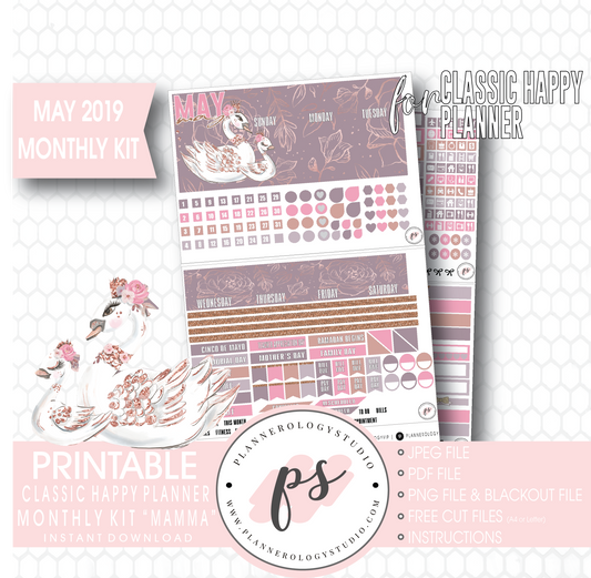 Mamma (Mother's Day) May 2019 Monthly View Kit Digital Printable Planner Stickers (for use with Classic Happy Planner) - Plannerologystudio