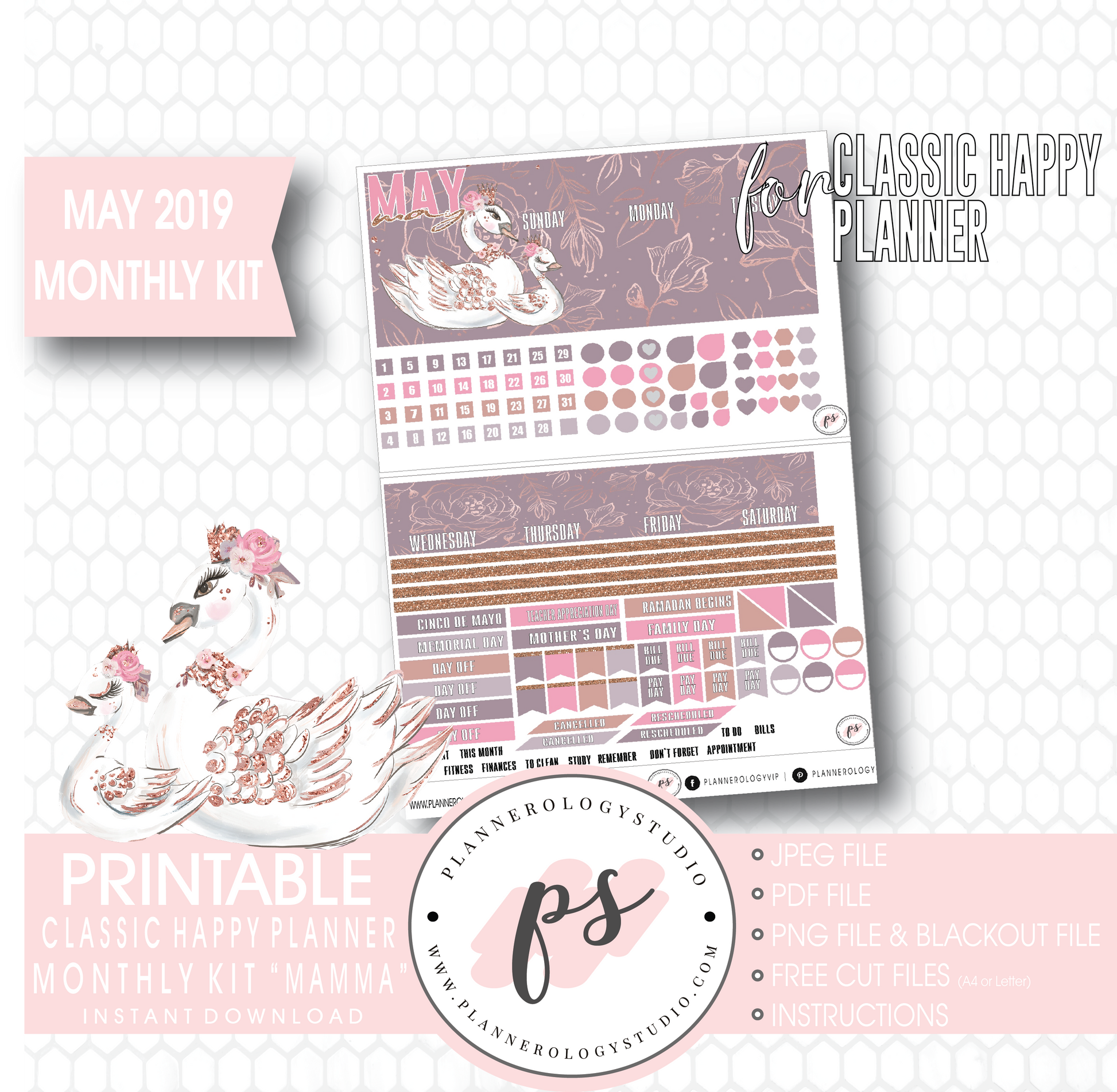 Mamma (Mother's Day) May 2019 Monthly View Kit Digital Printable Planner Stickers (for use with Classic Happy Planner) - Plannerologystudio