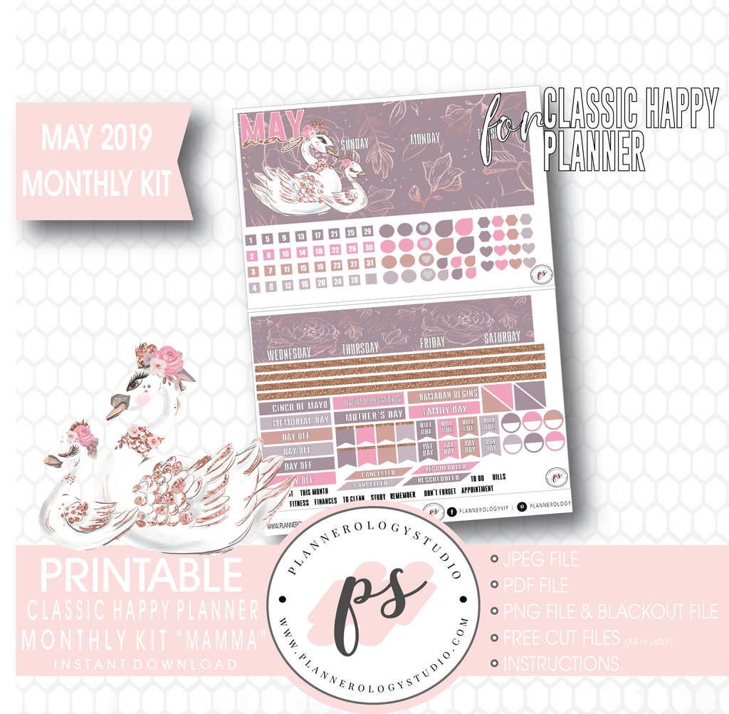 Mamma (Mother's Day) May 2019 Monthly View Kit Digital Printable Planner Stickers (for use with Classic Happy Planner) - Plannerologystudio