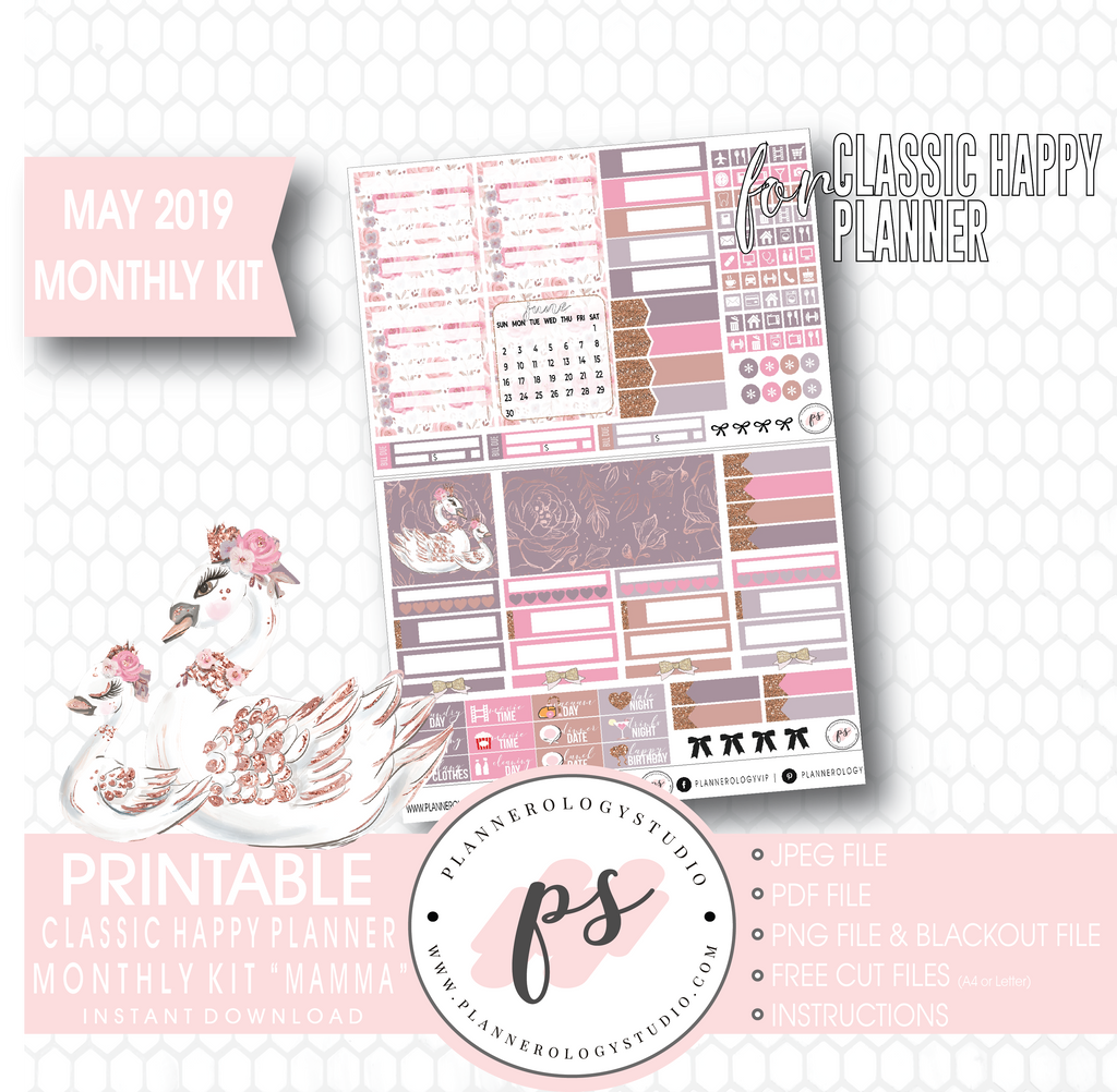 Mamma (Mother's Day) May 2019 Monthly View Kit Digital Printable Planner Stickers (for use with Classic Happy Planner) - Plannerologystudio