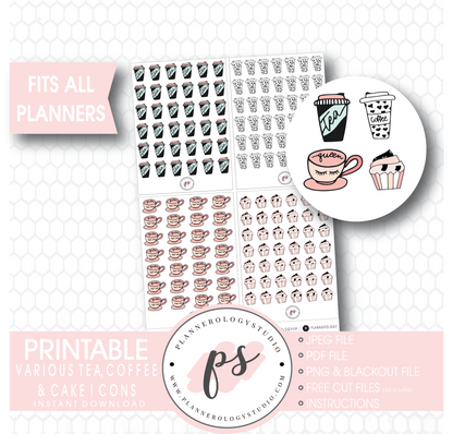 Various Coffee, Tea & Cake Doodle Icons Digital Printable Planner Stickers - Plannerologystudio