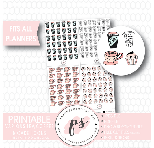 Various Coffee, Tea & Cake Doodle Icons Digital Printable Planner Stickers - Plannerologystudio