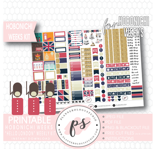 Hello London Weekly Kit Printable Digital Planner Stickers (for use with Hobonichi Weeks) - Plannerologystudio