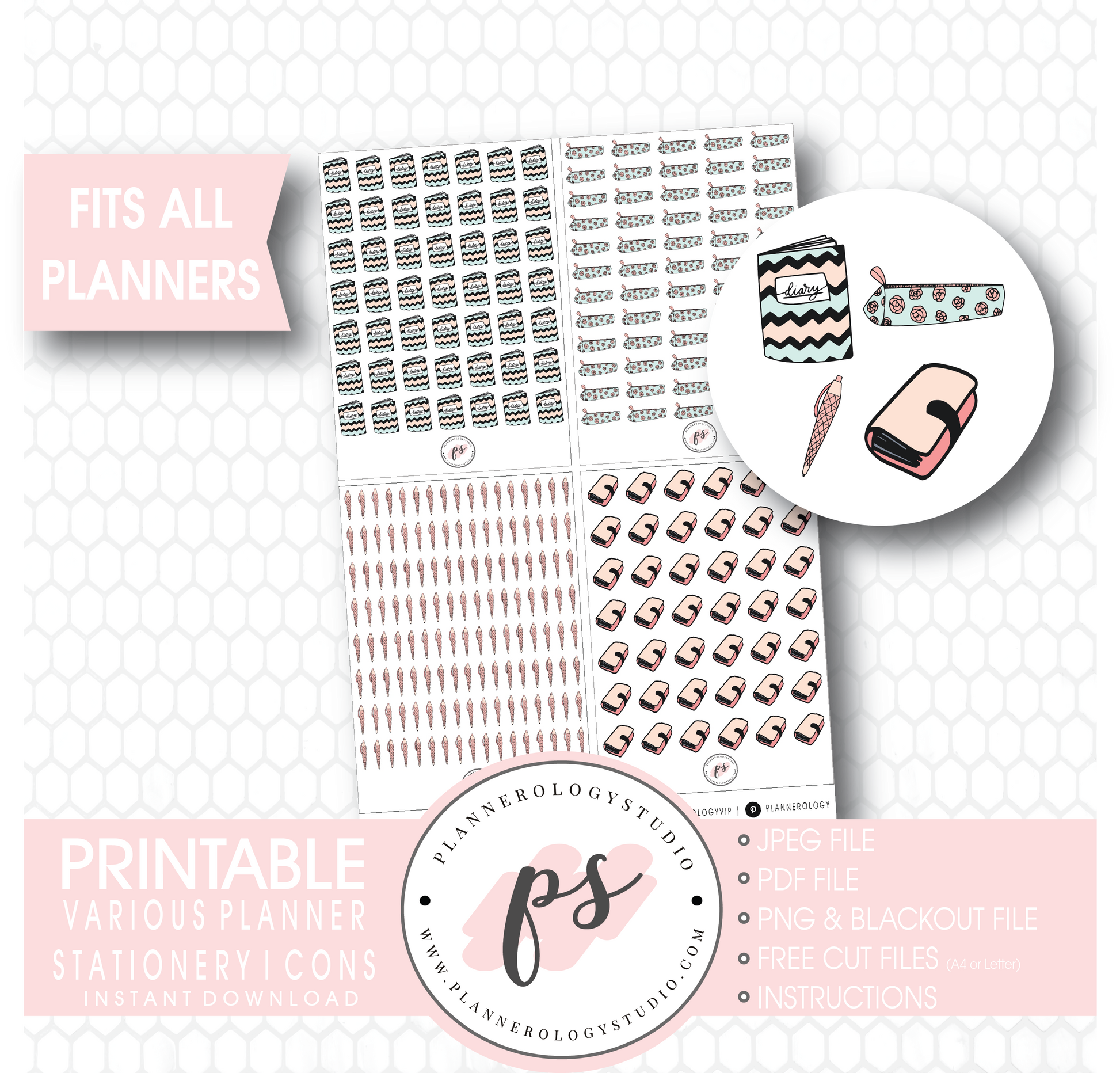 Various Planner Stationery Doodle Icons Digital Printable Planner Stickers - Plannerologystudio