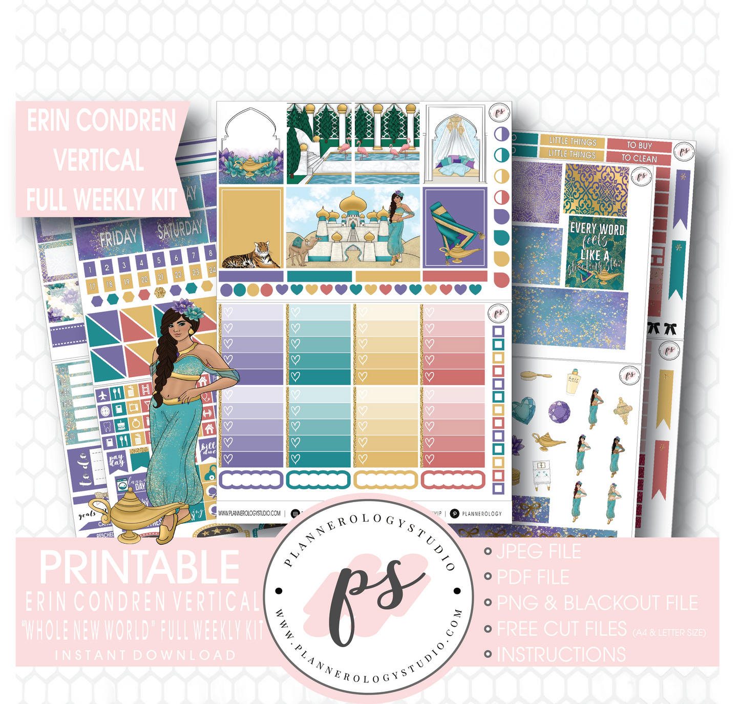 Whole New World (Aladdin Inspired) Full Weekly Kit Printable Planner Stickers (for use with Erin Condren Vertical) - Plannerologystudio