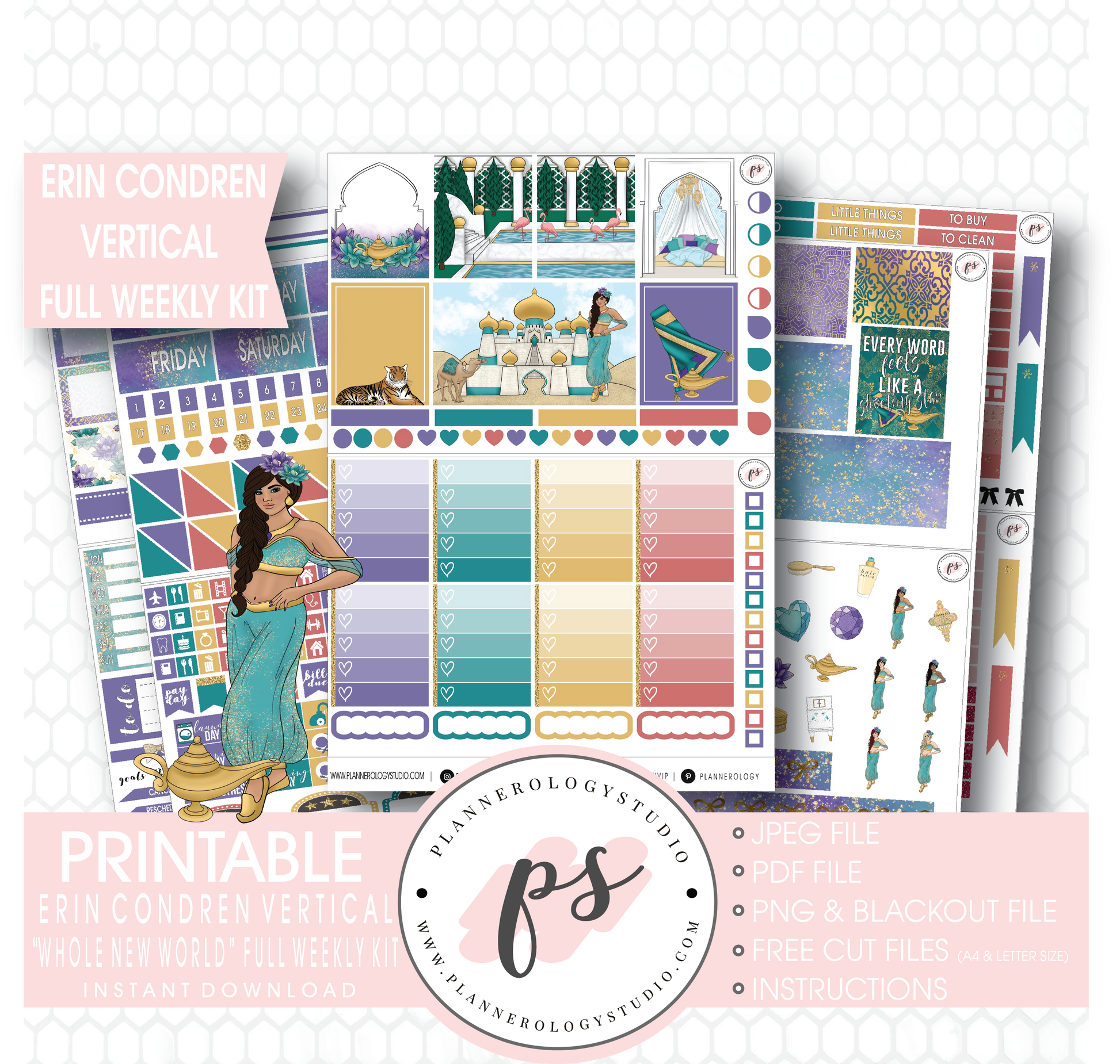 Whole New World (Aladdin Inspired) Full Weekly Kit Printable Planner Stickers (for use with Erin Condren Vertical) - Plannerologystudio