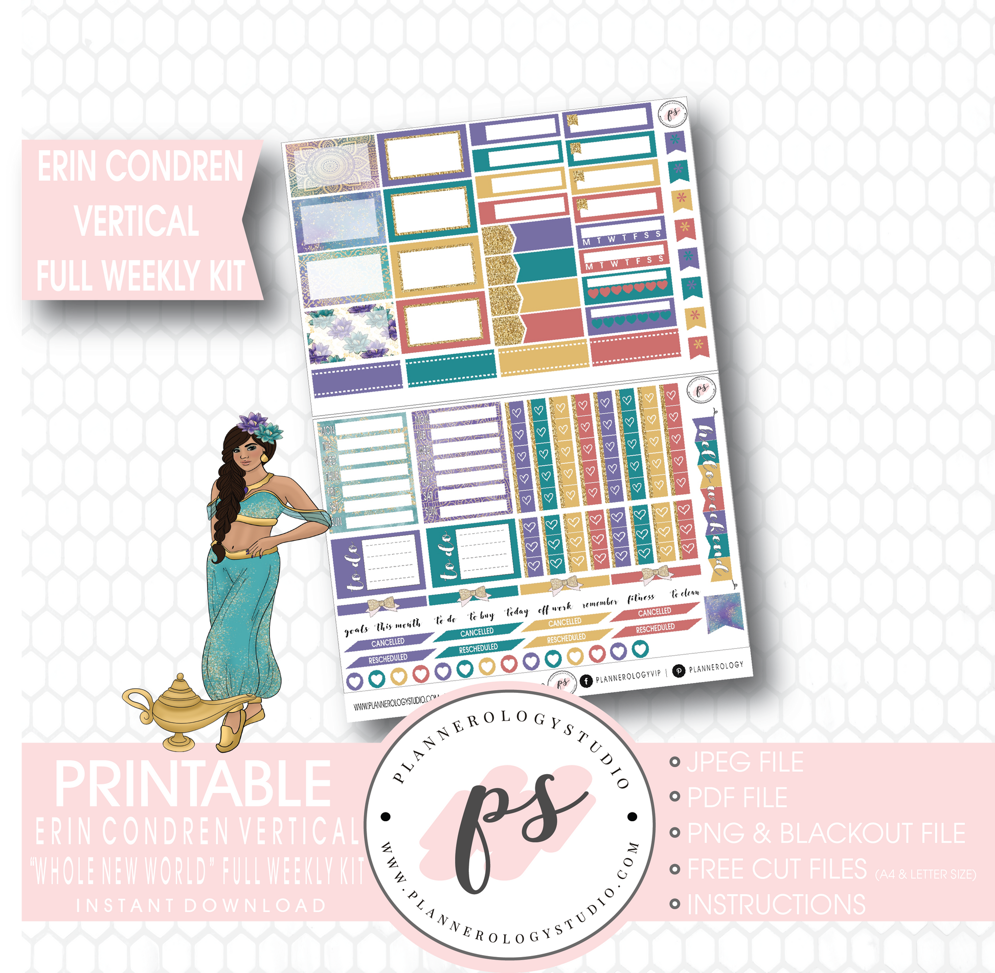 Whole New World (Aladdin Inspired) Full Weekly Kit Printable Planner Stickers (for use with Erin Condren Vertical) - Plannerologystudio