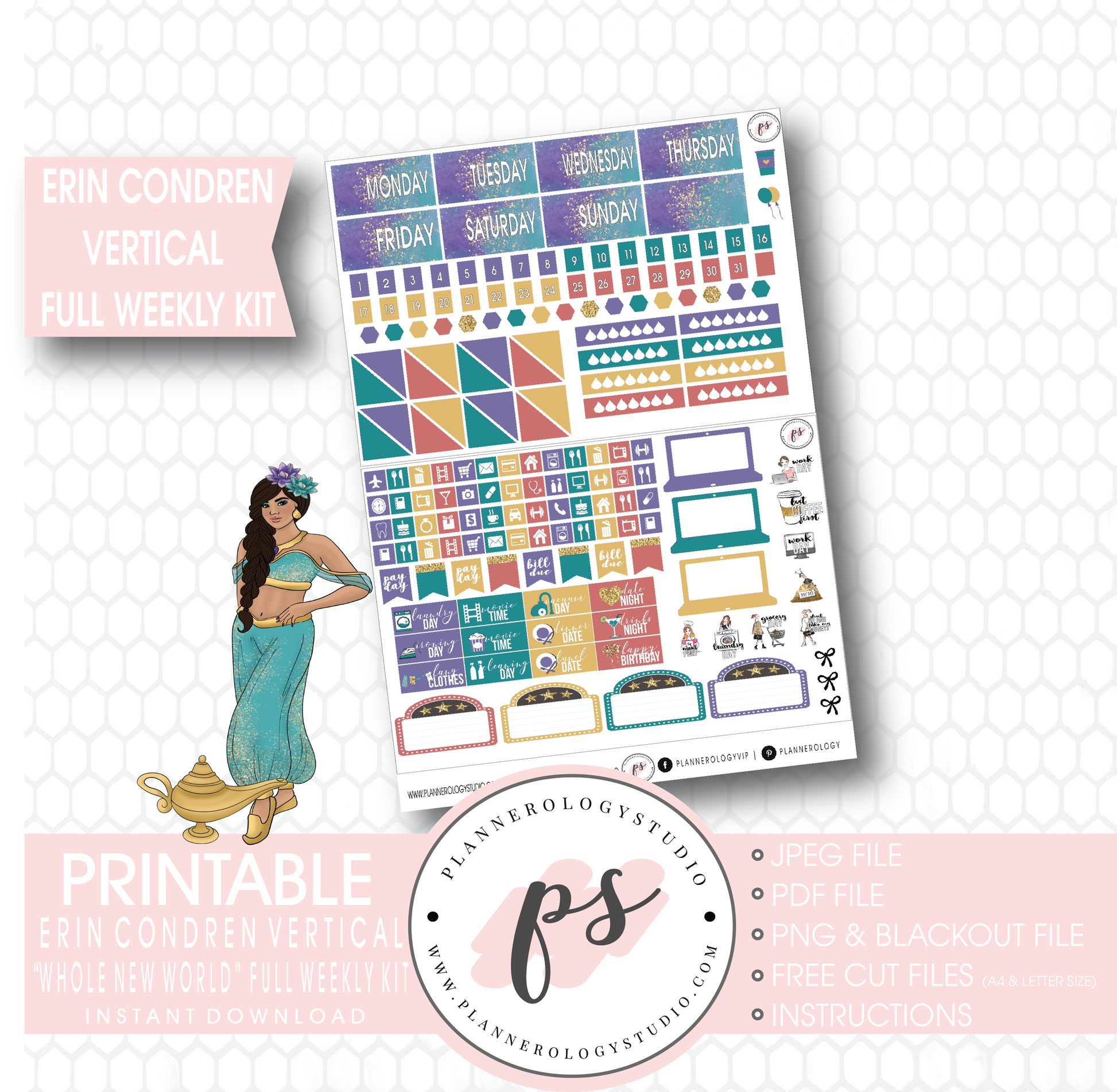 Whole New World (Aladdin Inspired) Full Weekly Kit Printable Planner Stickers (for use with Erin Condren Vertical) - Plannerologystudio