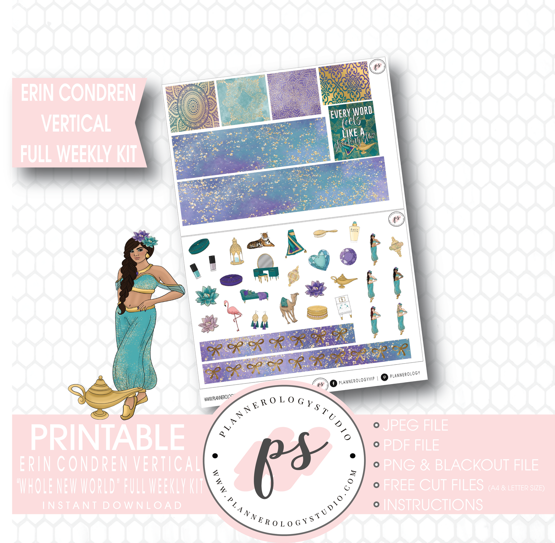 Whole New World (Aladdin Inspired) Full Weekly Kit Printable Planner Stickers (for use with Erin Condren Vertical) - Plannerologystudio