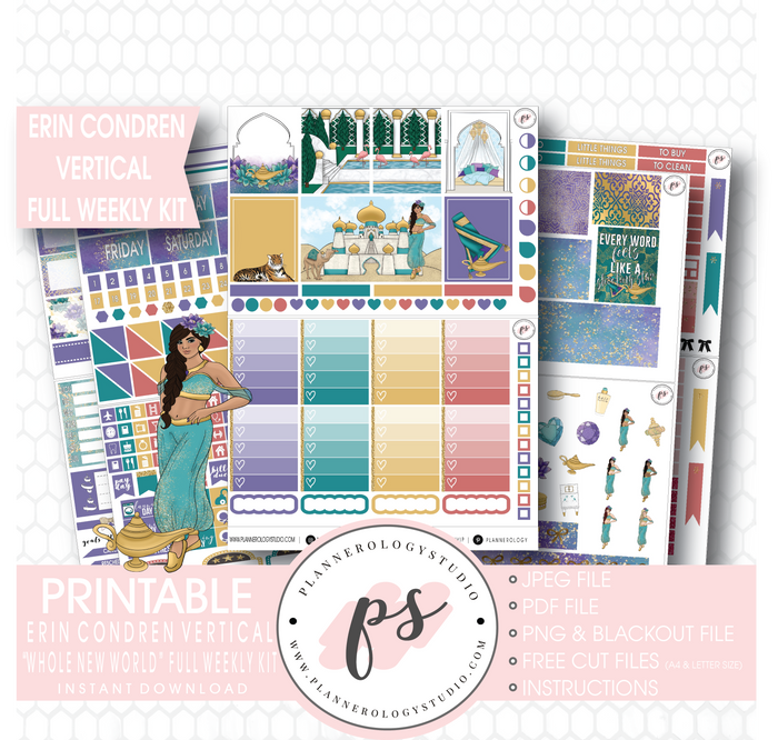 Whole New World (Aladdin Inspired) Full Weekly Kit Printable Planner Stickers (for use with Erin Condren Vertical) - Plannerologystudio
