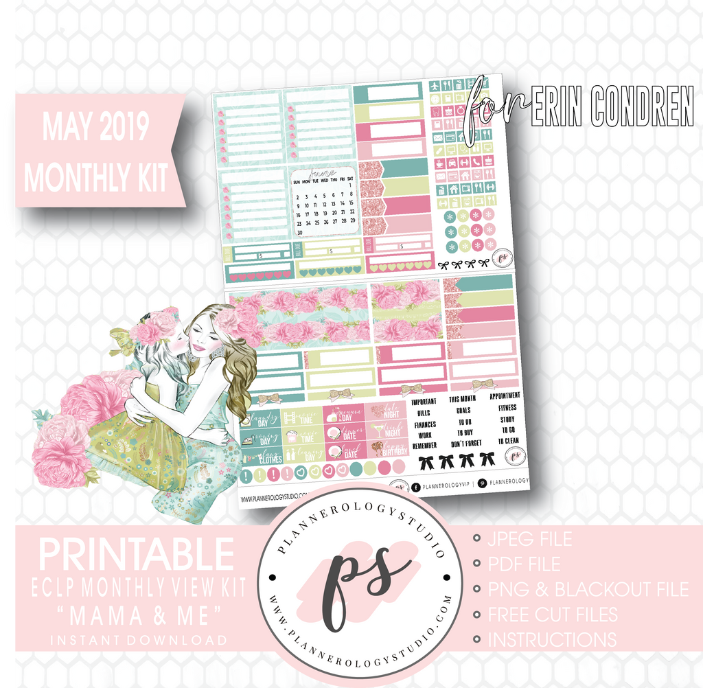 Mama & Me (Mother's Day) May 2019 Monthly View Kit Digital Printable Planner Stickers (for use with Erin Condren) - Plannerologystudio