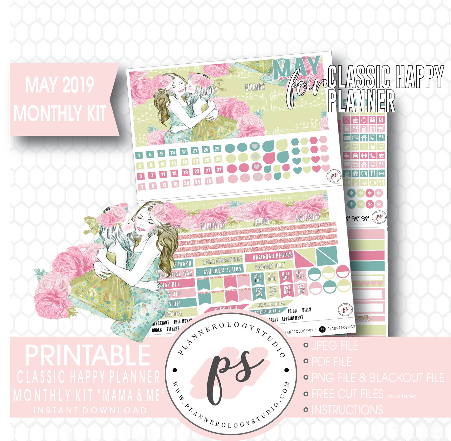 Mama & Me (Mother's Day) May 2019 Monthly View Kit Digital Printable Planner Stickers (for use with Classic Happy Planner) - Plannerologystudio
