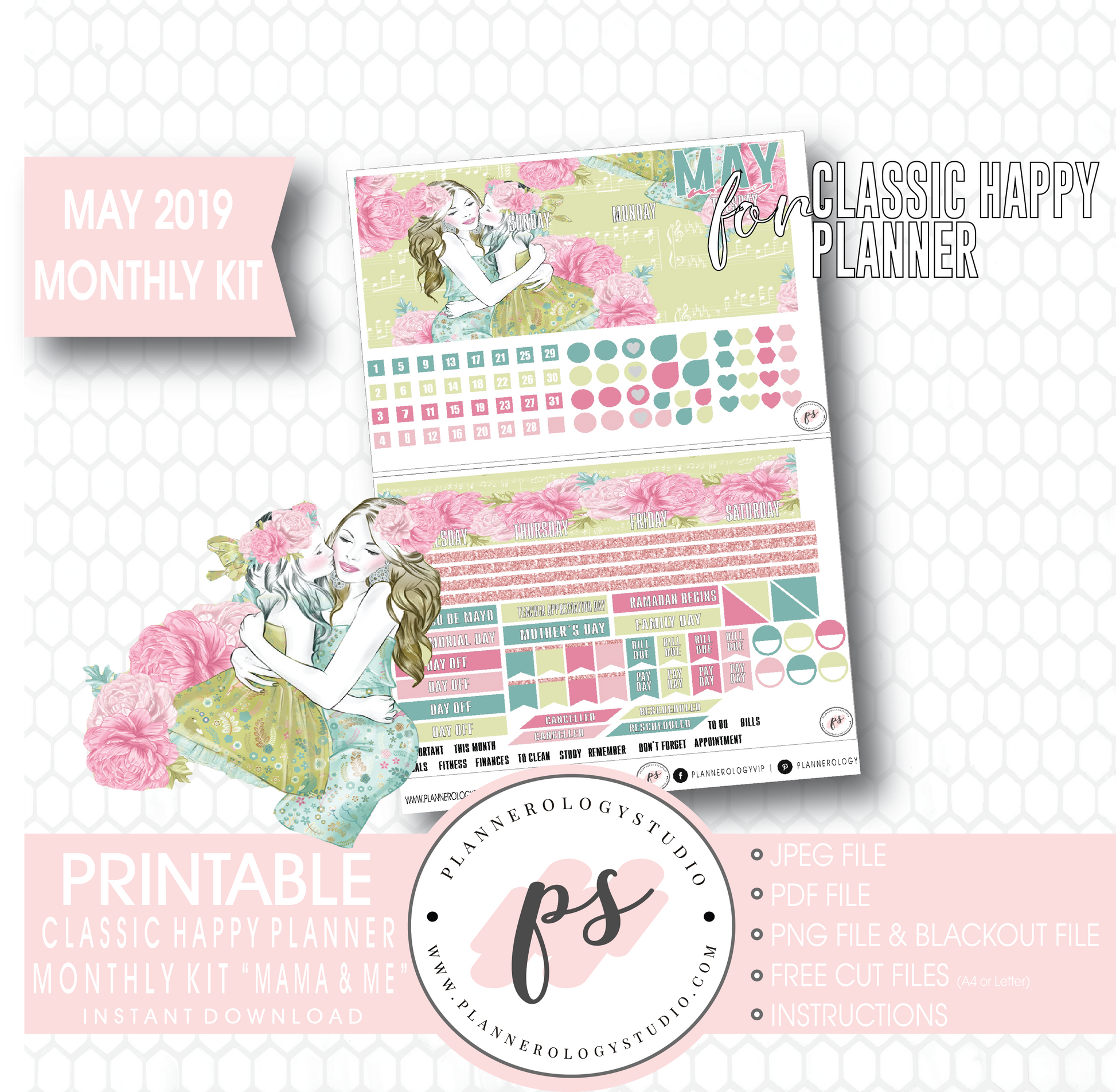 Mama & Me (Mother's Day) May 2019 Monthly View Kit Digital Printable Planner Stickers (for use with Classic Happy Planner) - Plannerologystudio