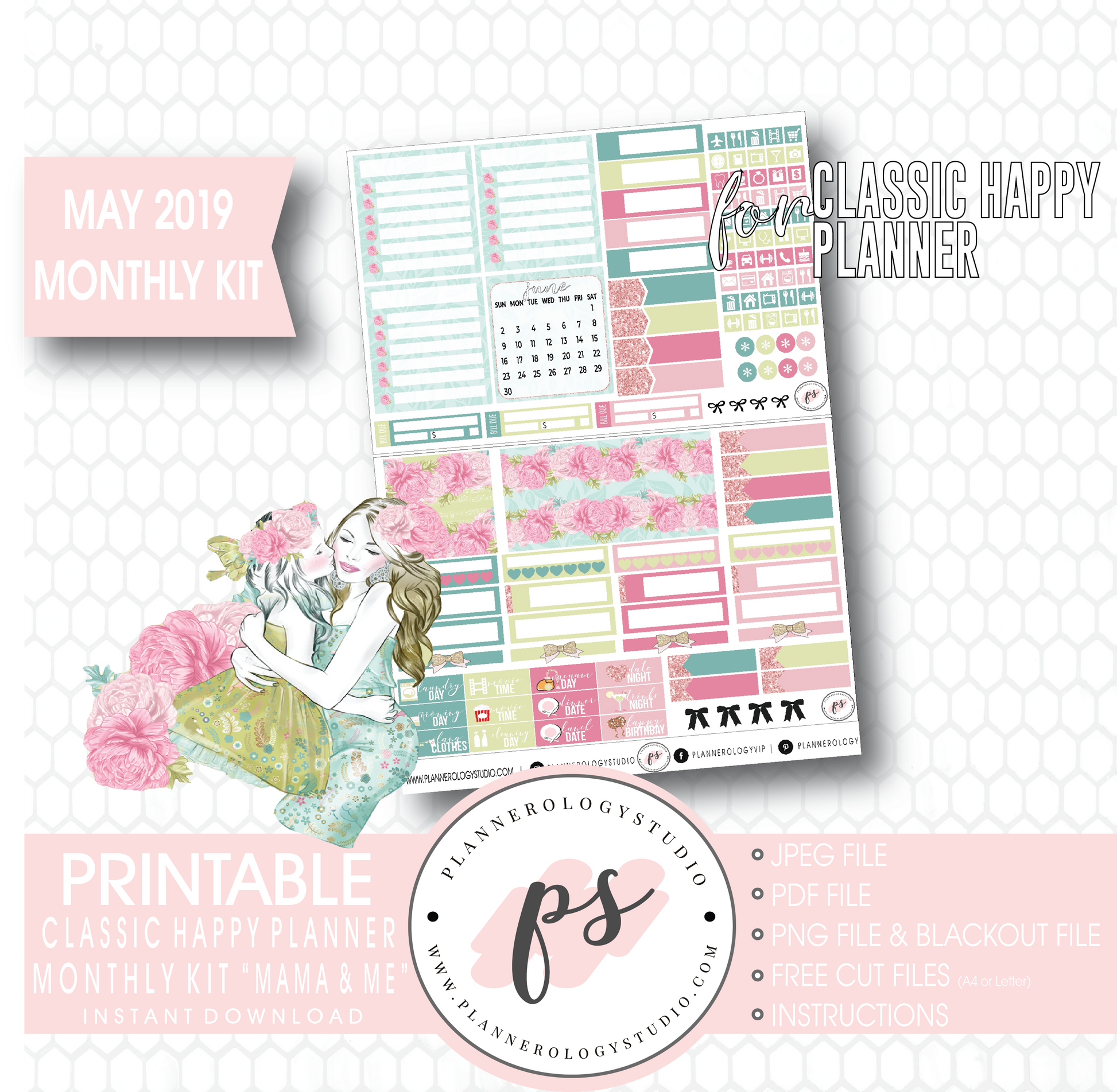 Mama & Me (Mother's Day) May 2019 Monthly View Kit Digital Printable Planner Stickers (for use with Classic Happy Planner) - Plannerologystudio