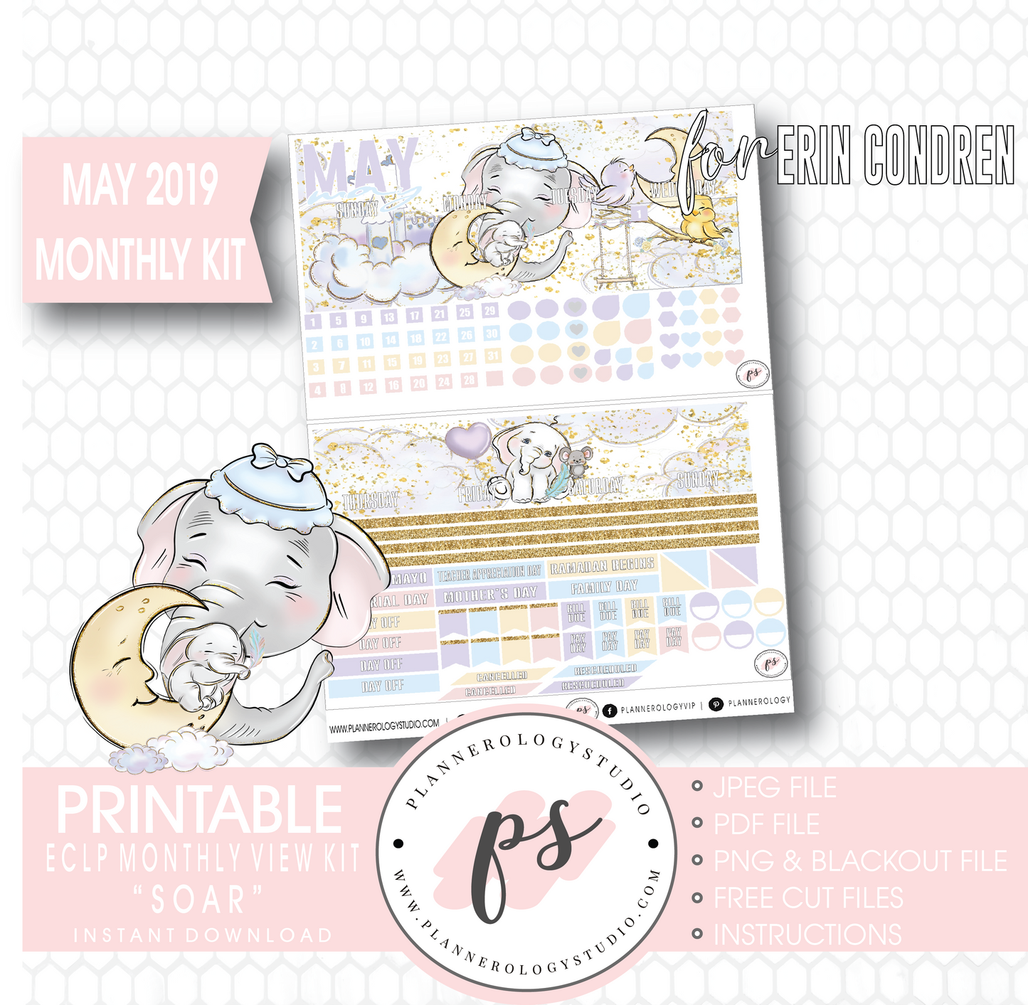 Soar (Dumbo Inspired) May 2019 Monthly View Kit Digital Printable Planner Stickers (for use with Erin Condren) - Plannerologystudio