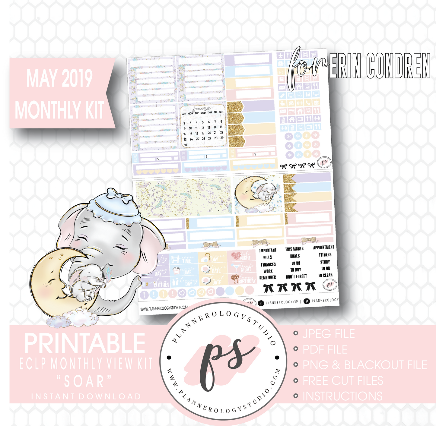 Soar (Dumbo Inspired) May 2019 Monthly View Kit Digital Printable Planner Stickers (for use with Erin Condren) - Plannerologystudio