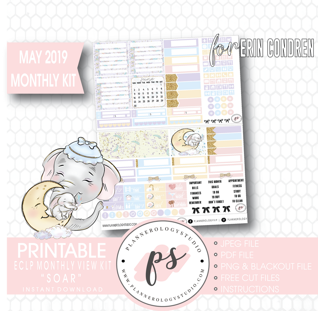 Soar (Dumbo Inspired) May 2019 Monthly View Kit Digital Printable Planner Stickers (for use with Erin Condren) - Plannerologystudio